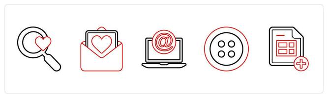 A set of 5 mix icons as favorite search, mail, mention in red line color vector