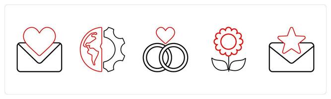 A set of 5 mix icons as favorite message, global setting, reletionship in red line color vector