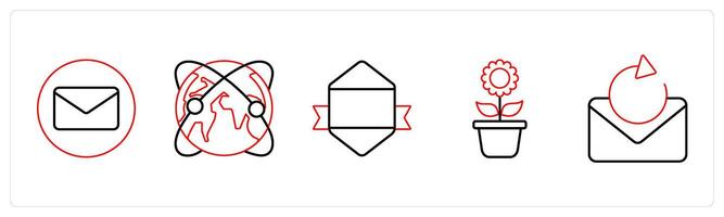 A set of 5 mix icons as envelope, global network, designation in red line color vector
