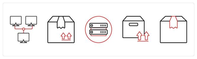 A set of 5 mix icons as network, forward parcel, server in red line color vector