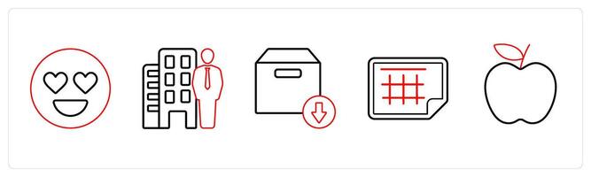 A set of 5 mix icons as happy, property dealer, download box in red line color vector