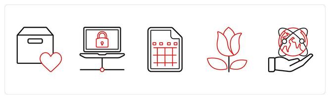 A set of 5 mix icons as favorite box, connection, excel sheet in red line color vector