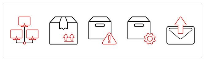 A set of 5 mix icons as hosting, forward parcel, box information in red line color vector
