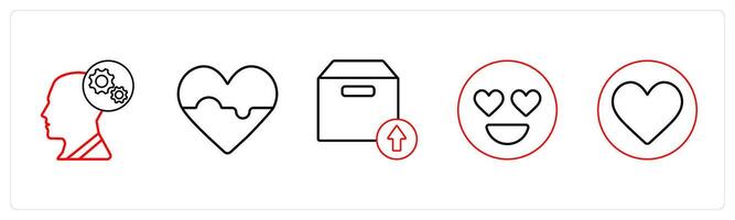 A set of 5 mix icons as optimization, favorite, upload package in red line color vector