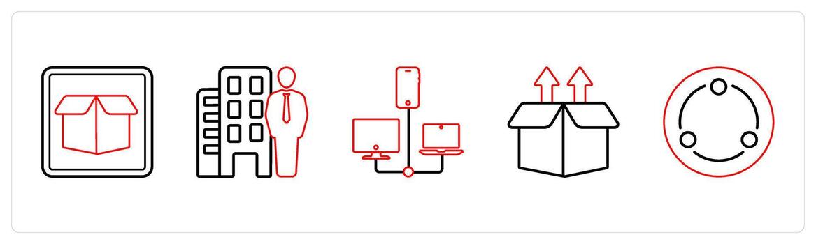 A set of 5 mix icons as drop box, property dealer, connection in red line color vector