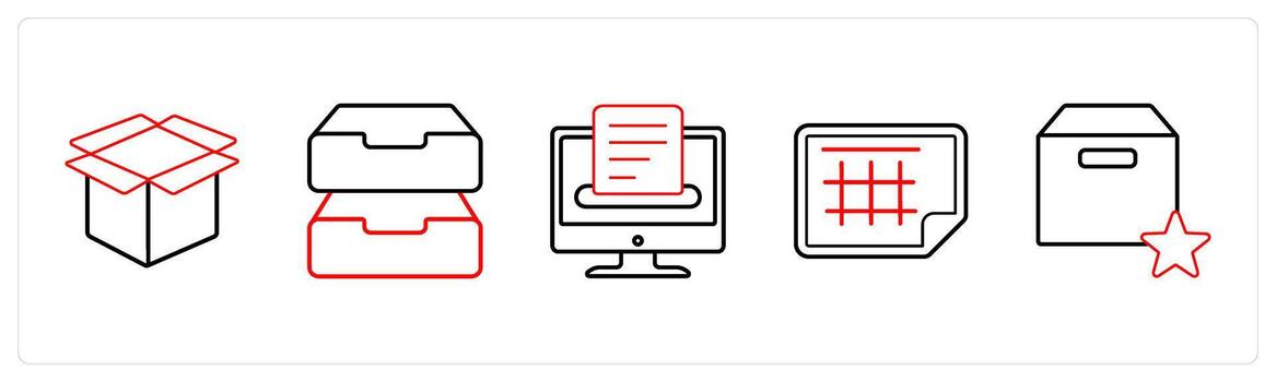 un conjunto de 5 5 mezcla íconos como caja, unidades, ahorrar, sobresalir sábana en rojo línea color vector