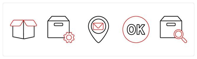 A set of 5 mix icons as drop box, box setting, message location in red line color vector