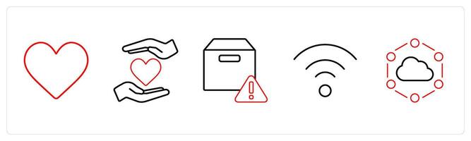 A set of 5 mix icons as heart, favorite, box information, in red line color vector