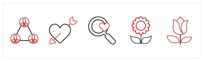 A set of 5 mix icons as network, falling in love, favorite search in red line color vector