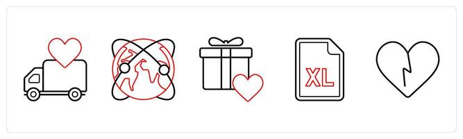 A set of 5 mix icons as favorite delivery, global network, favorite parcel in red line color vector