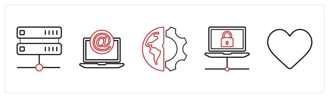 A set of 5 mix icons as drive, mention, global setting, connection in red line color vector