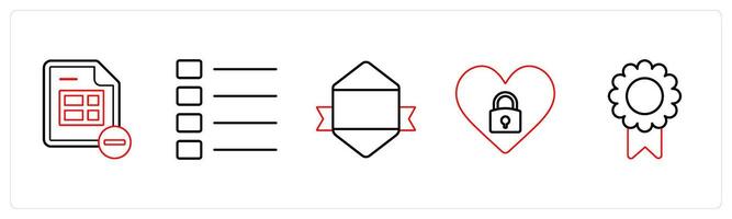 A set of 5 mix icons as remove sheet, nav menu, designation in red line color vector