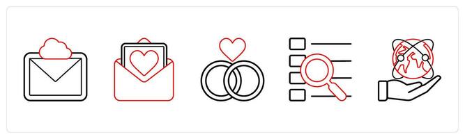 A set of 5 mix icons as cloud message, mail, relationship in red line color vector