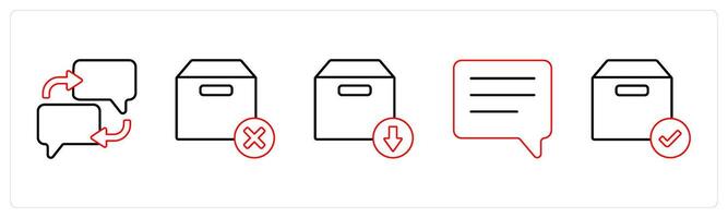 A set of 5 mix icons as communication, delete box, download box in red line color vector
