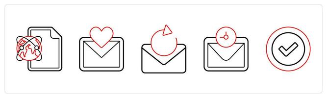 A set of 5 mix icons as global sheet, favorite message, refresh message in red line color vector