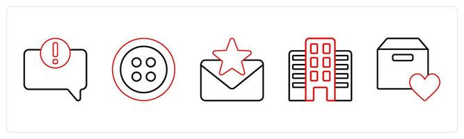 A set of 5 mix icons as error in comment, button, favorite message in red line color vector