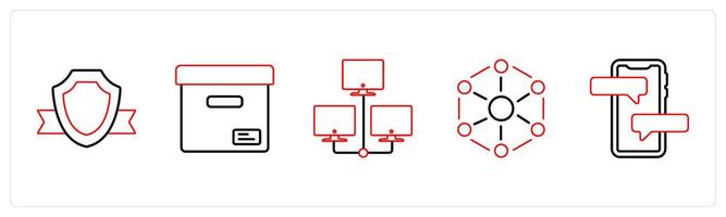 A set of 5 mix icons as shield, parcel, hosting in red line color vector