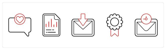 A set of 5 mix icons as favorite comment, graph, received mail in red line color vector