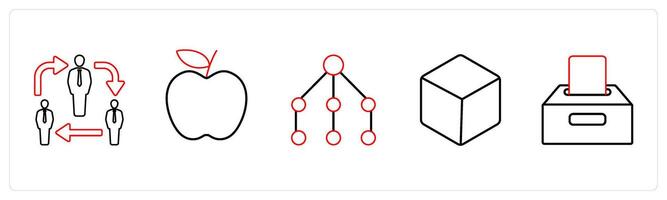 A set of 5 mix icons as network, apple, box in red line color vector