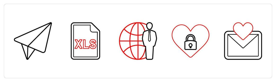 un conjunto de 5 5 mezcla íconos como mensaje, sobresalir hoja, global Servicio en rojo línea color vector