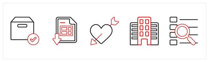 A set of 5 mix icons as verified box, download excel sheet, falling in love in red line color vector
