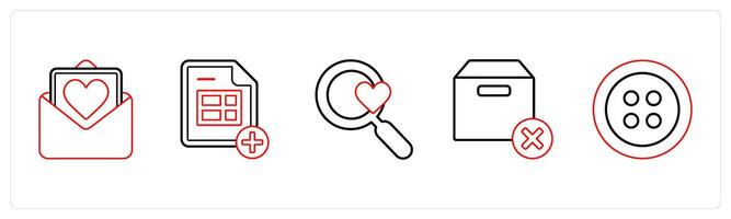 A set of 5 mix icons as mail, add sheet, favorite search in red line color vector