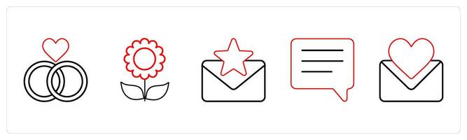 A set of 5 mix icons as relationship, flower, favorite message in red line color vector