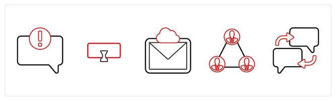 A set of 5 mix icons as error in comment, designation patch, cloud message in red line color vector