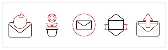 A set of 5 mix icons as refresh message, flower pot, envelope in red line color vector