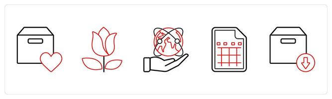 A set of 5 mix icons as favorite box, flower, save earth in red line color vector