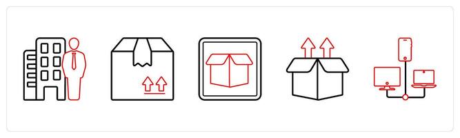 A set of 5 mix icons as property dealer, forward parcel, drop box in red line color vector
