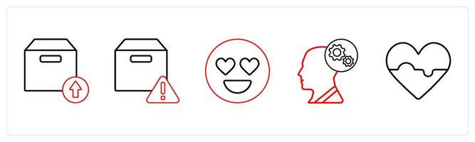 A set of 5 mix icons as upload package, box information, happy in red line color vector