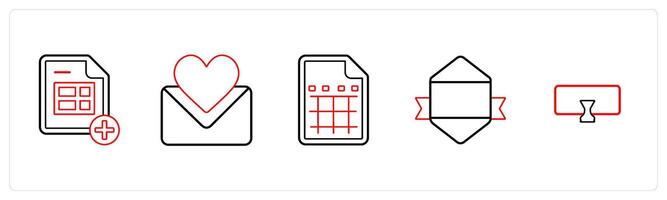 A set of 5 mix icons as add sheet, favorite message, excel sheet in red line color vector