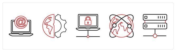 A set of 5 mix icons as mention, global setting, connection in red line color vector
