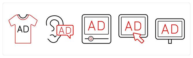 A set of 5 Ads and marketing icons as product ad, viral ad, advertisement in red line color vector
