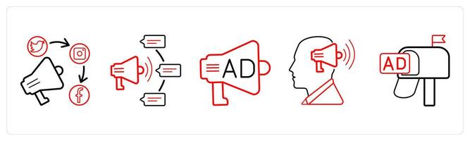 A set of 5 Ads and marketing icons as promotion media, promotion method, media in red line color vector