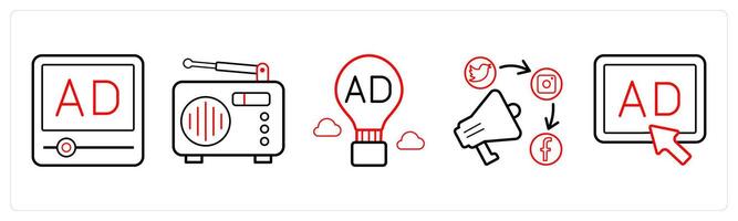 A set of 5 Ads and marketing icons as advertisement, radio ad, balloon ad in red line color vector