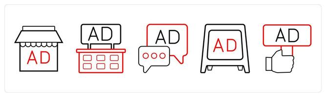 A set of 5 Ads and marketing icons as advertisement store, ad baord, advertisement in red line color vector