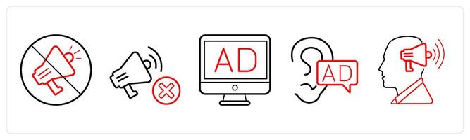 A set of 5 Ads and marketing icons as ad prohibited, stop promotion, banner ad in red line color vector