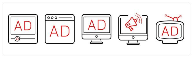 A set of 5 Ads and marketing icons as advertisement, website ad, banner ad in red line color vector