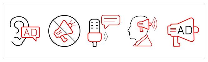 A set of 5 Ads and marketing icons as viral ad, ad prohibited, mic advertisement in red line color vector