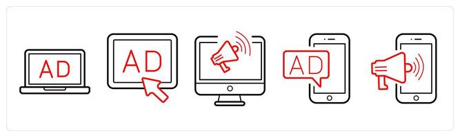 A set of 5 Ads and marketing icons as laptop ad, pay per click ad, promotion in red line color vector