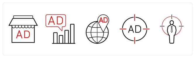 A set of 5 Ads and marketing icons as promotion, broadcast, website ad in red line color vector