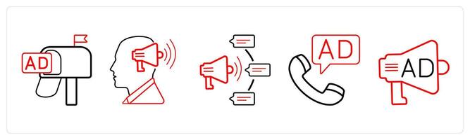 A set of 5 Ads and marketing icons as ad letters, media, promotion method in red line color vector