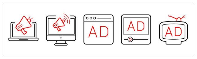 A set of 5 Ads and marketing icons as advertisement store, advertisement graph, global advertisement in red line color vector