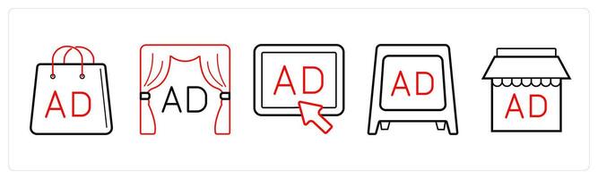 A set of 5 Ads and marketing icons as advertisement bag, advertisement, pay per click ad in red line color vector