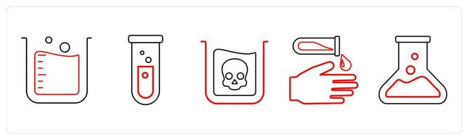 A set of 5 medical icons as lab beaker, test tube, danger in red line color vector