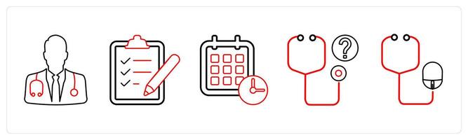 A set of 5 medical icons as doctor, appointment requests, doctor visit day in red line color vector