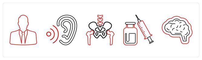 A set of 5 medical icons as man, otology, pelvic bone in red line color vector