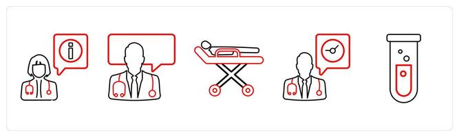 A set of 5 medical icons as medical information, medical help, stretcher in red line color vector
